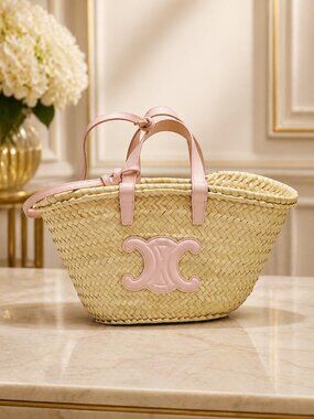 Authentic Celine Triomphe Straw Basket Bag Pink Leather Trim Summer Tote Woven